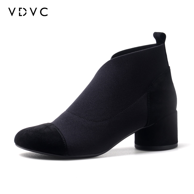 VDVC小众秋新款羊皮圆头弹力靴粗跟舒适切尔西靴交叉松紧短靴5cm - 图0