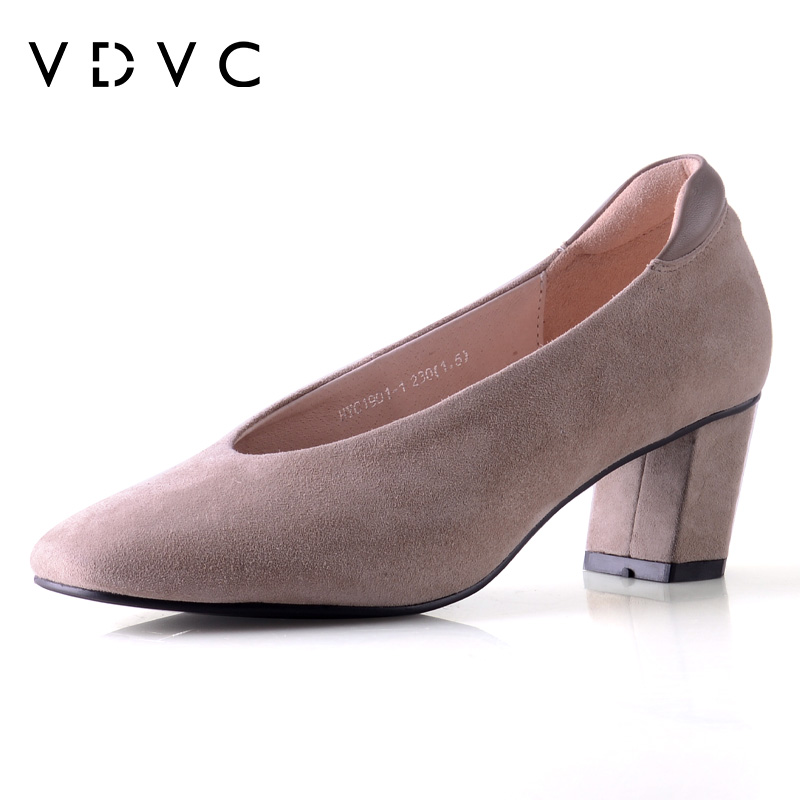 VDVC轻奢优雅软羊皮方头V口真皮5cm粗跟女鞋高跟鞋奶奶鞋舒适单鞋 - 图0