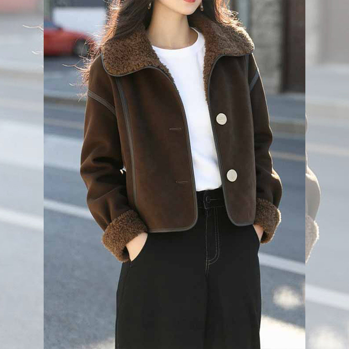韩系巨好看的冬装咖色翻领小香风短款加绒加厚羊羔绒皮草外套女款,淘宝优惠券,粉丝福利购,淘宝优惠卷