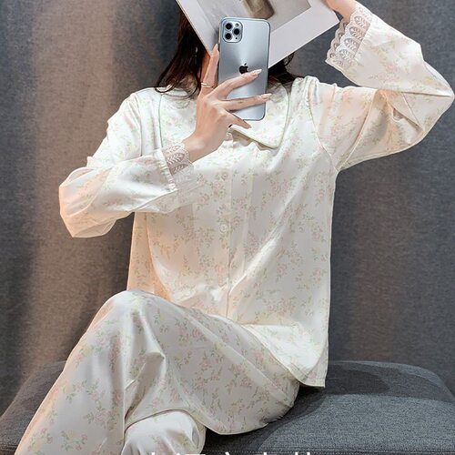 GIOIO【品牌】新款春秋睡衣女冰丝印花开衫长袖甜美休闲家居服 - 图0