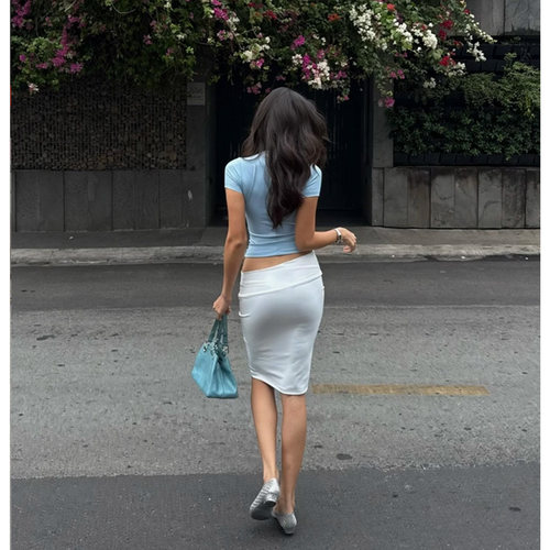 美式辣妹INS风穿搭套装女蓝色修身短袖上衣白色紧身包臀半身裙 - 图2