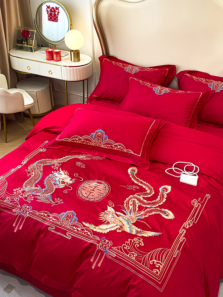 高档中式龙凤刺绣结婚四件套大红色床单被套婚礼喜被婚庆床上用品 - 图1