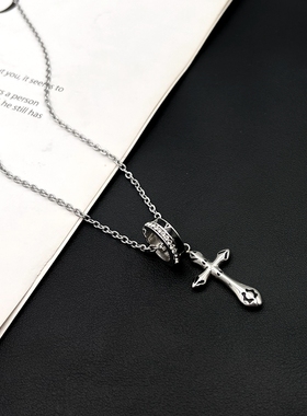 钛钢男镶钻戒指十字架项链