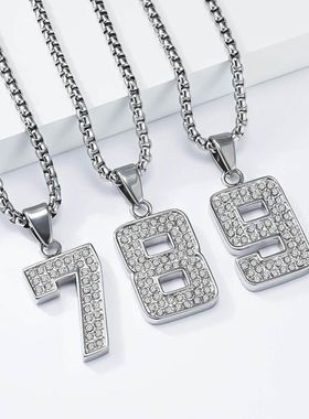 欧美钛钢满钻幸运数字项链嘻哈