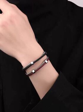 双层皮绳钛钢手链小众精致男女款