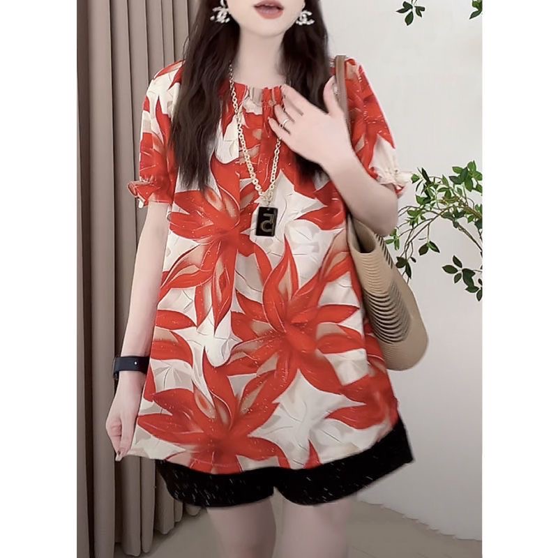 大码胖mm新中式一字领气质荷叶袖碎花衬衫夏季遮肚子显瘦短袖上衣-图0