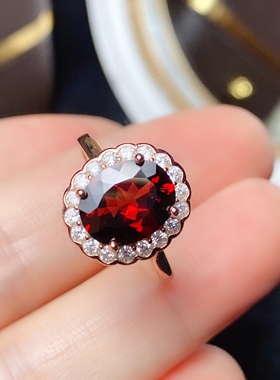 腾利天然石榴石戒指S925银镶嵌红色宝石豪华款精品时尚大气上档次