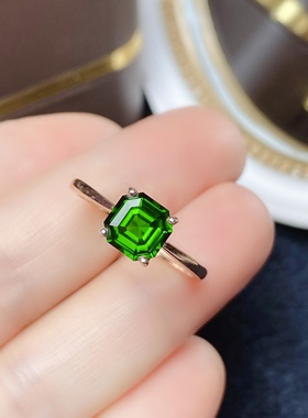 腾利7x7天然透辉石戒指S925银镶嵌绿色宝石女戒方形简约时尚大方