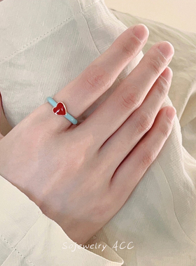 红色复古滴釉爱心蝴蝶撞色戒指