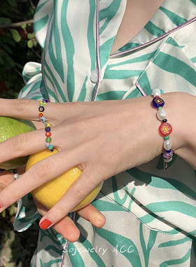 Lisa同款秋冬彩色琉璃小花花手链