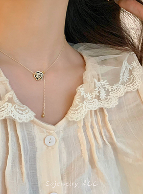 法式小众复古黑色山茶花项链女