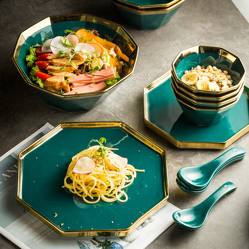 北欧祖母绿水果盘陶瓷沙拉碗创意盘子碗个性家用饭碗轻奢金边餐具 - 图0