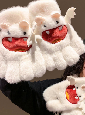 可爱小恶魔毛绒连指手套女冬季