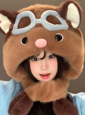 可爱猫耳飞行员毛绒帽子女冬季