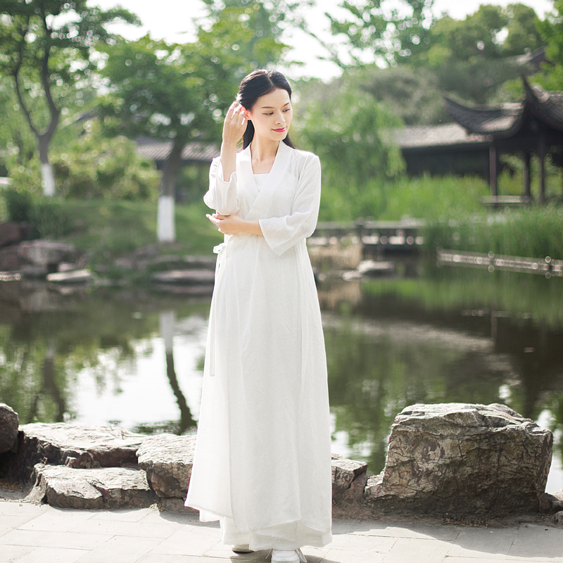 禅服女中国风白色仙气禅意棉麻连衣裙中式交领改良汉服茶服外衫 - 图0