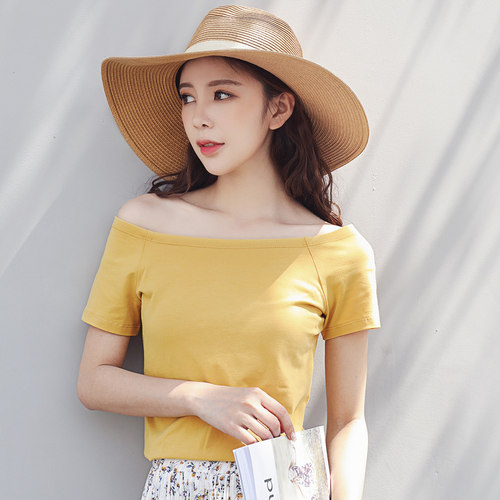 女装时髦时尚洋气一字肩上衣女夏短袖性感紧身修身t恤女短款纯棉 - 图0