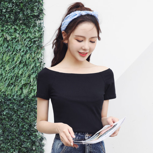 女装时髦时尚洋气一字肩上衣女夏短袖性感紧身修身t恤女短款纯棉 - 图3