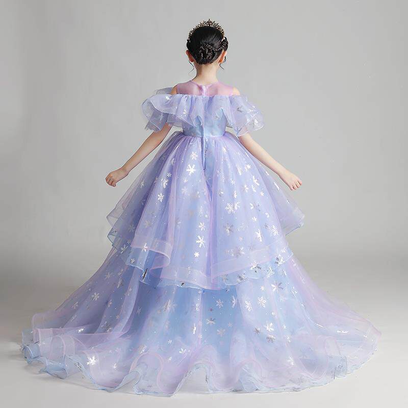 高端原创女童公主裙主持人花童钢琴演出蓝紫色拖尾儿童走秀礼服潮