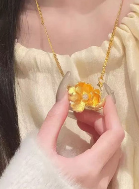 金店同款沙金新中式古法点钻拉丝牡丹花吊坠项链花朵宫廷复古女