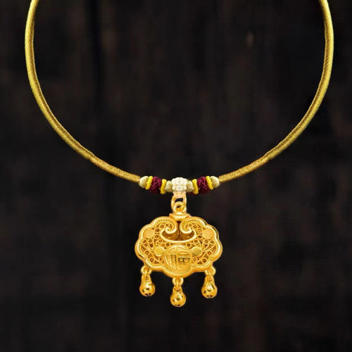 金店同款儿童宝宝金锁吊坠婴儿长命锁周岁礼仿真项圈沙金平安锁 - 图1