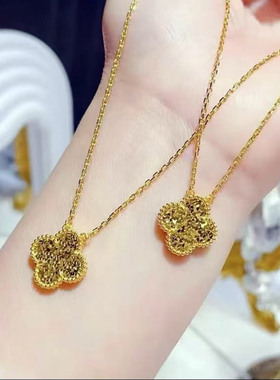 金店同款沙金碎冰冰四叶草项链仿真女金色锁骨链结婚订婚假三金