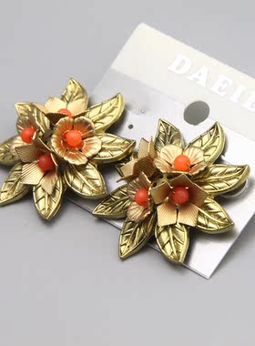 R复古vintage古董回流花朵立体超大金属摩登耳环耳钉耳饰孤品