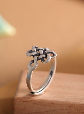 蒙客S925纯银复古盘长纹戒指