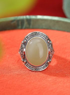 蒙客S925纯银和田玉晴水玉戒指