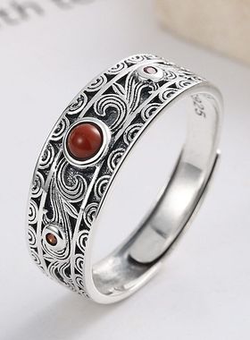 蒙客s925纯银祥云纹镶南红色戒指