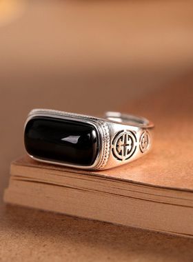 S925银镶黑玛瑙开口食指戒