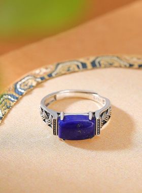 蒙客S925纯银青金石复古编织戒指