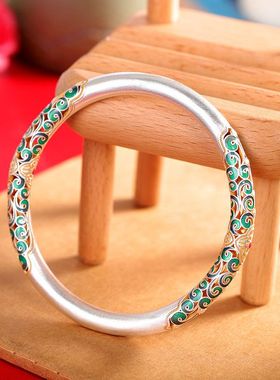蒙客足银9999描金珐琅彩镂空手镯