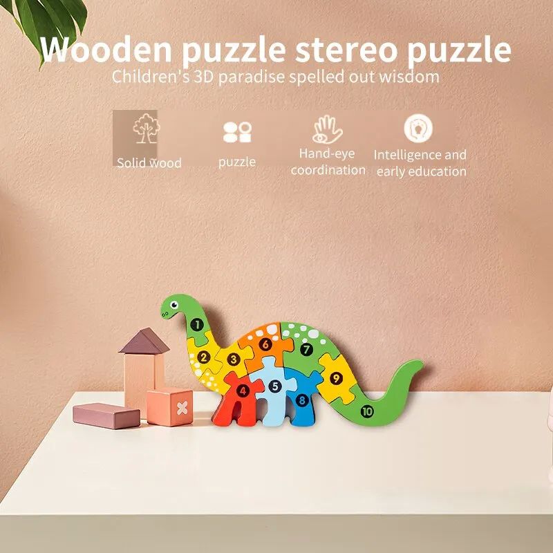 3D Stereoscopic Wooden Puzzle Cartoon Dinosaur Animal Shape - 图1