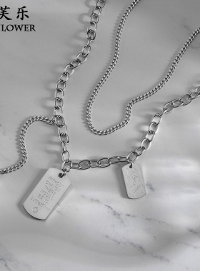 个性潮流双层叠戴方形吊坠钛钢项链女小众简约锁骨链气质优雅百搭