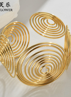 跨境民族风镂空多层圆形宽面开口手镯个性夸张设计感钛钢情侣首饰