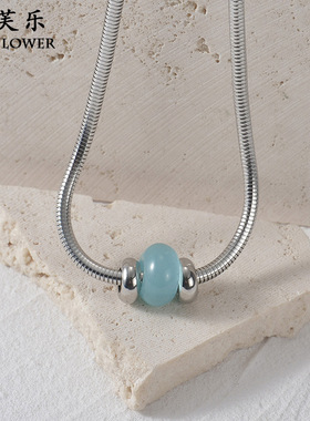 现货热销ins风蓝色玉石串珠项链女 简约小众设计圆蛇链毛衣链配饰