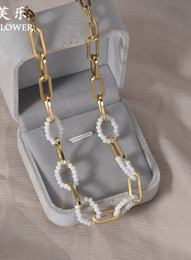 新款真空镀14k金设计感拼接项链女生 小众简约白色串珠锁骨链女士