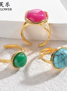 跨境新款复古圆形石钛钢开口戒指女小众级感轻奢义乌戒指礼物指环