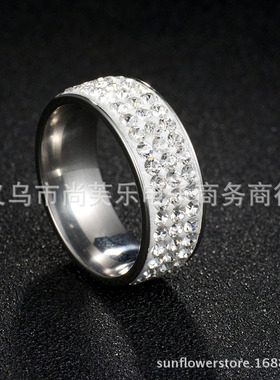 镶钻不锈钢戒指 三排满钻胶泥结婚情侣对戒 泥巴新娘饰品礼物