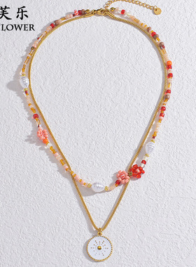 跨境爆款红色串珠小花珍珠叠戴圆牌吊坠项链女小众百搭多巴胺饰品