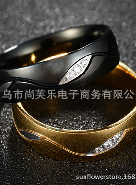 欧美热销新款 不锈钢金色间金镶3颗钻戒指 情侣对戒速卖通爆款