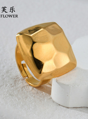 跨境欧美个性创意不规则几何型钛钢开口戒指18K金简约级感指环