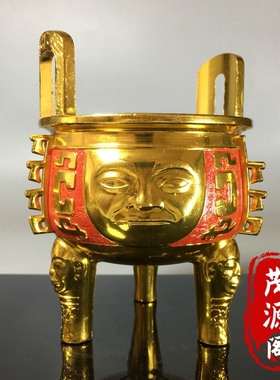 回流珍藏老物件双耳三足鼎人面鼎鎏金铜香炉家用供奉香炉摆件收藏