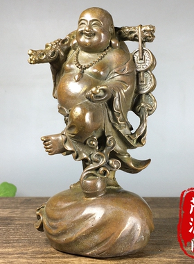 复古黄铜金钱佛大肚弥勒佛笑佛布袋佛招财进宝纳福家居摆件老铜器