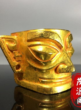 古玩旧藏鎏金雕刻三星堆面具仿古黄金面具铜器老物件家居摆件收藏
