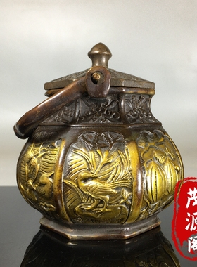 民间回流老物件纯铜鎏金浮雕年年有余花鸟茶壶提梁壶家居装饰摆件