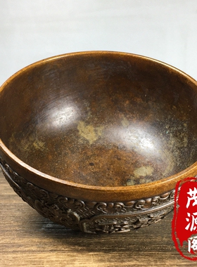 古玩古董收藏大号招财麒麟聚宝盆乾隆年制包浆老物件聚财铜碗摆件