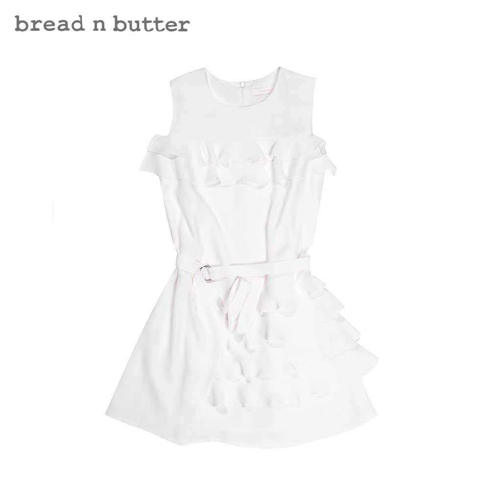 breadnbutter夏季女新品层叠荷叶边无袖连衣裙圆领系带直筒A字裙