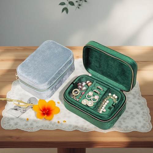 金蚂蚁便携丝绒首饰盒拉链小型复古轻奢项链手饰品耳钉戒指收纳盒 - 图2