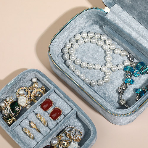 金蚂蚁便携丝绒首饰盒拉链小型复古轻奢项链手饰品耳钉戒指收纳盒 - 图1